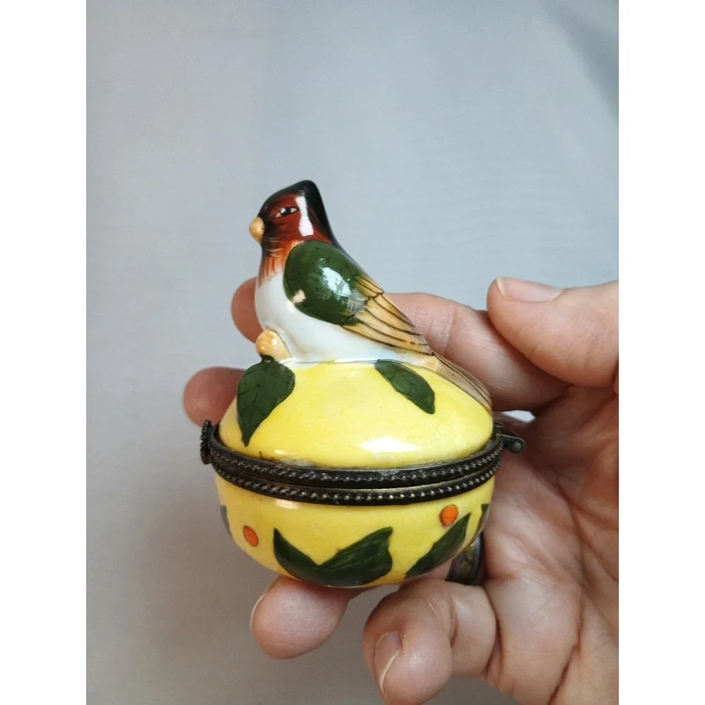 Vintage Porcelain Trinket Box Hand Painted Bird Hinged Pill Box Collectible